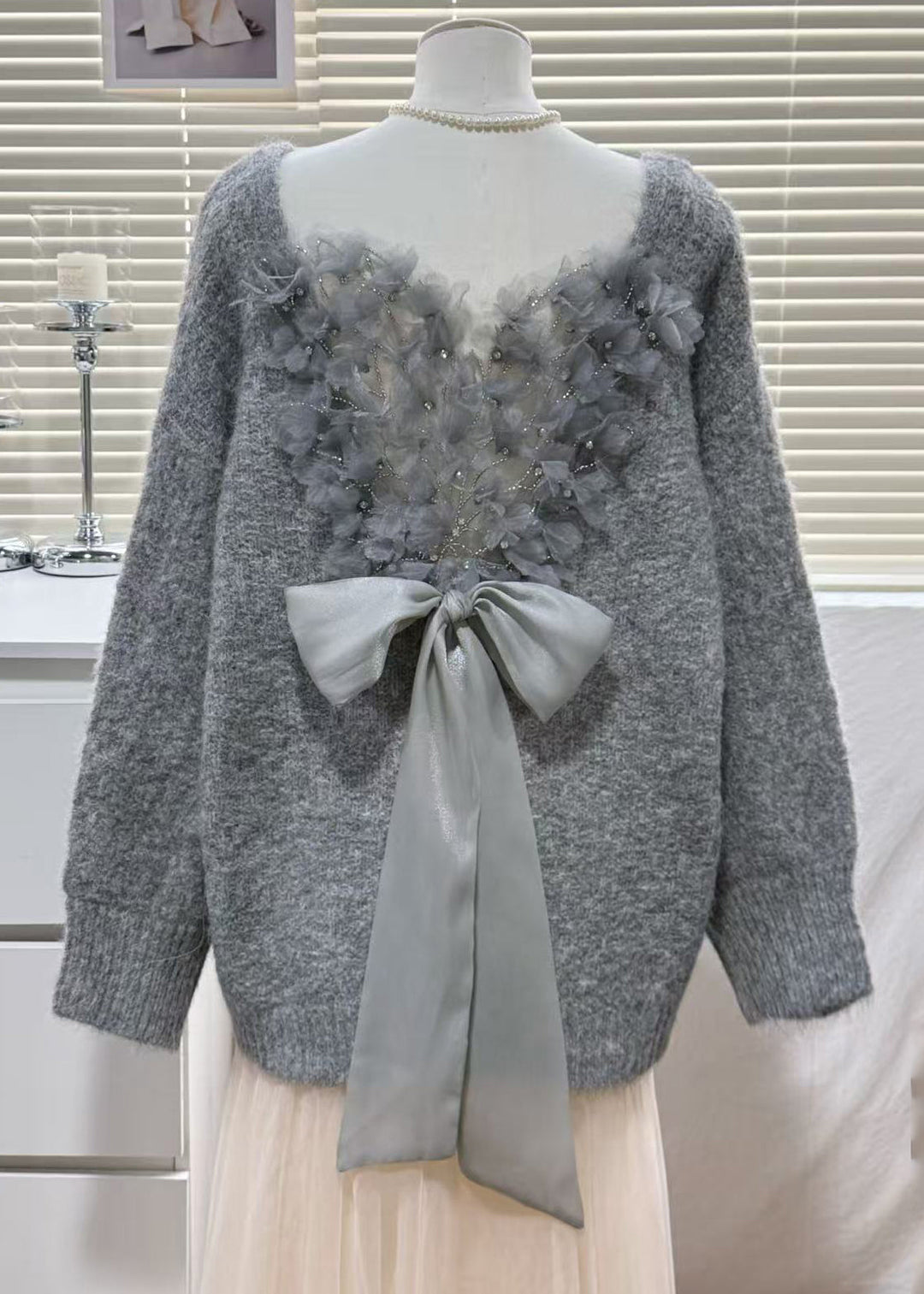 Italian Beige V Neck Patchwork Feather Bow Knitted Tops Winter