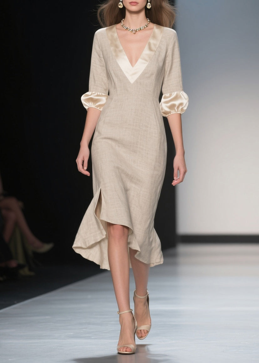 Italian Beige V Neck Patchwork Linen Silk Dresses Lantern Sleeve