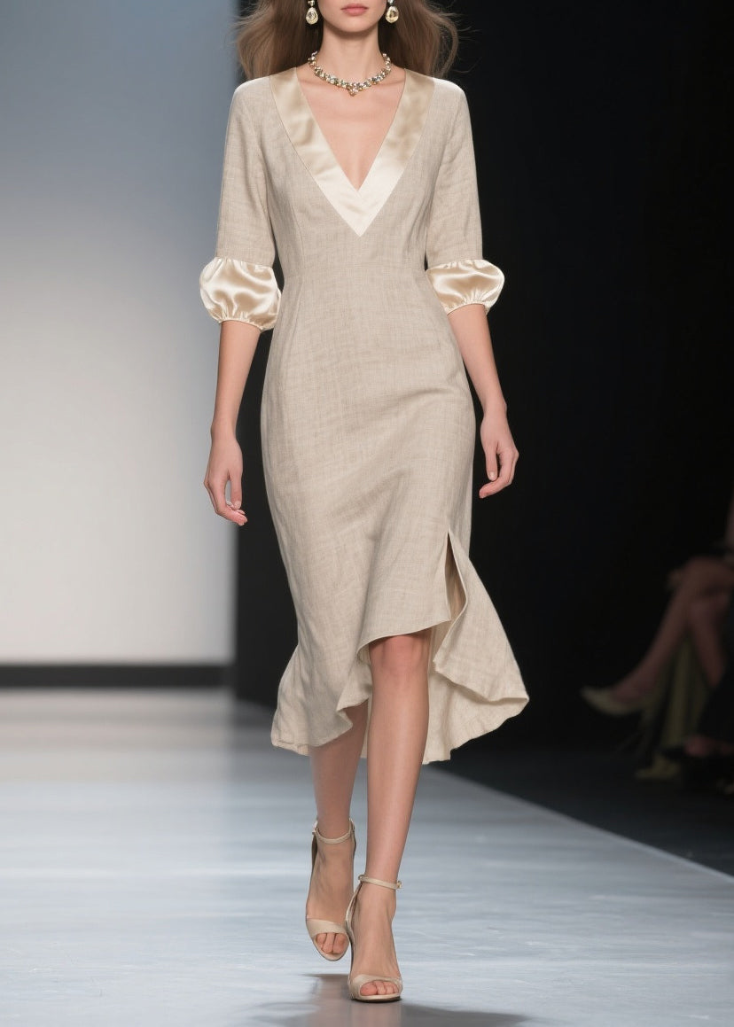Italian Beige V Neck Patchwork Linen Silk Dresses Lantern Sleeve