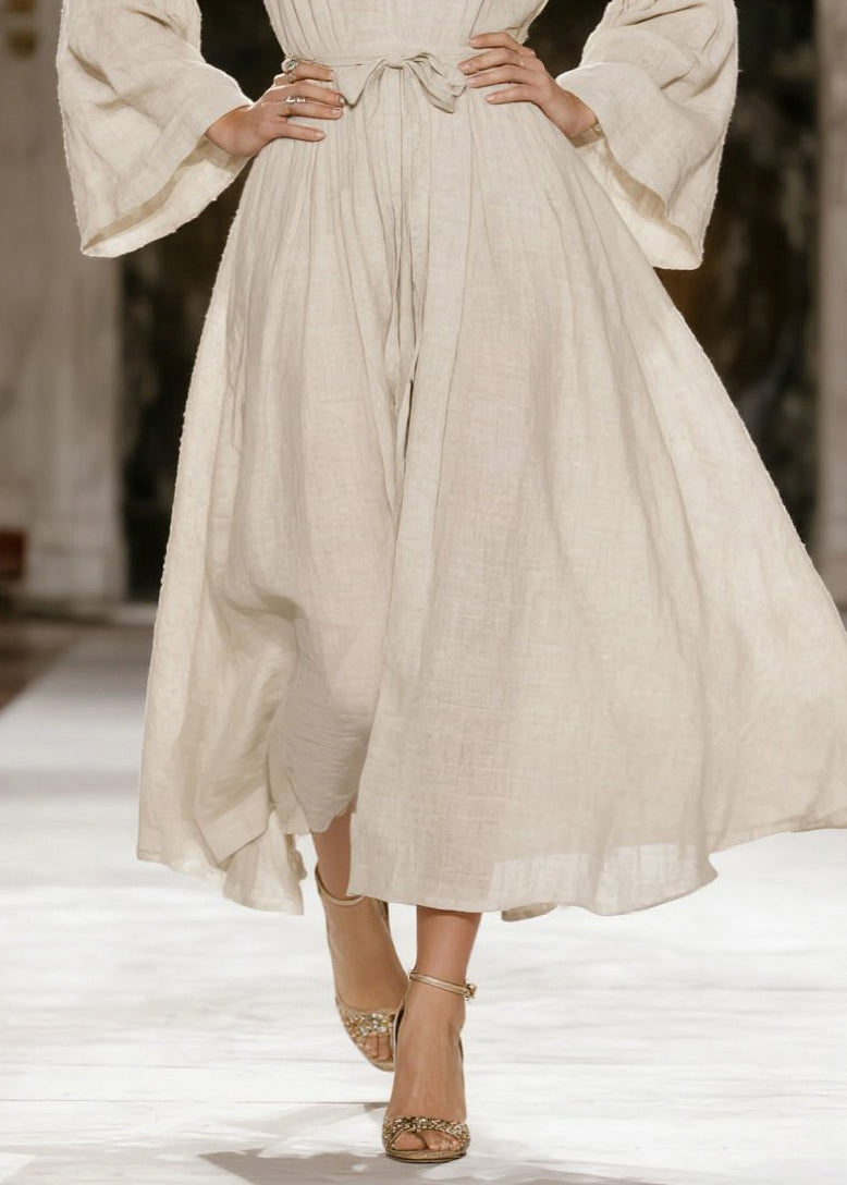 Italian Beige V Neck Tie Waist Linen Dress Spring