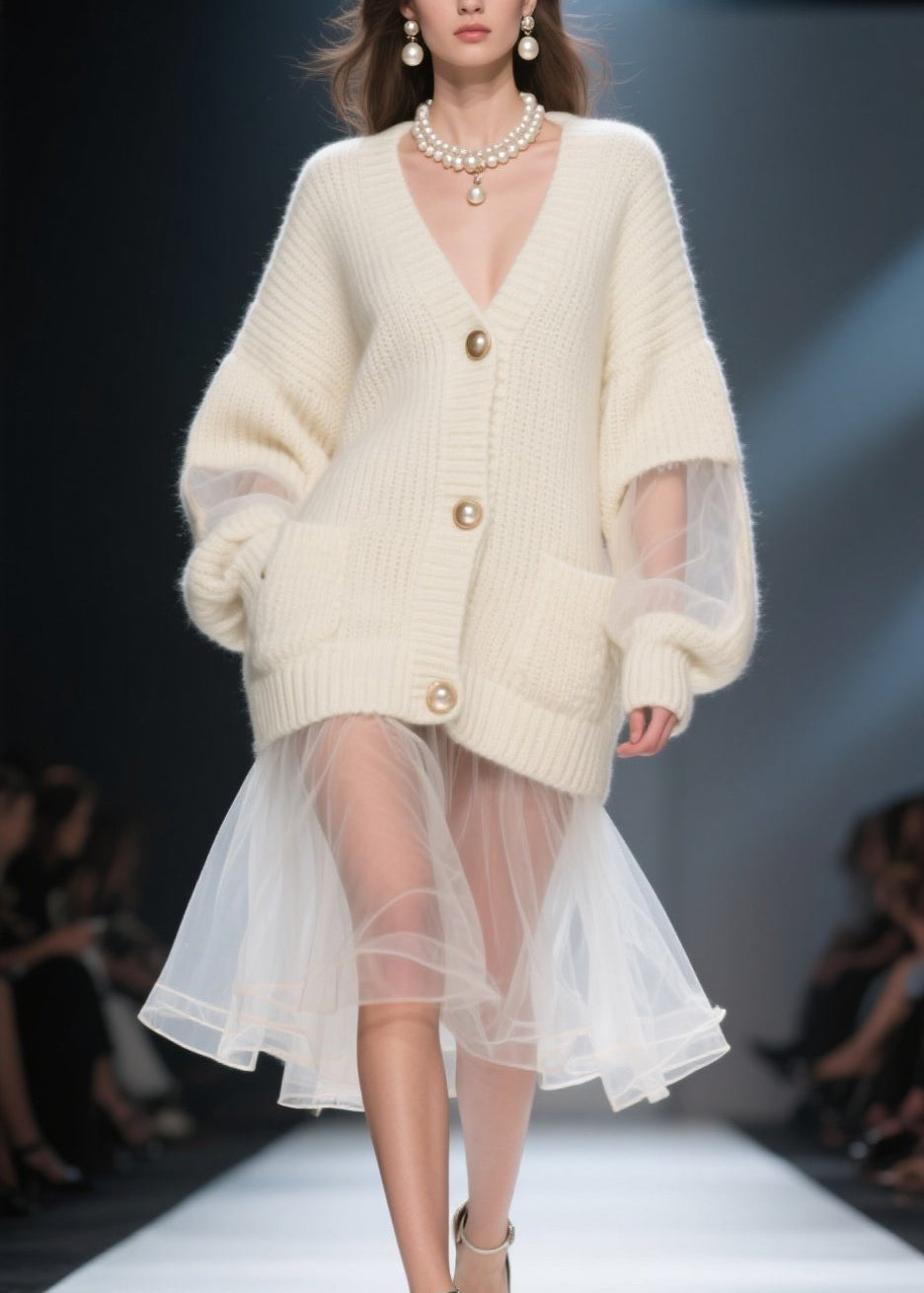 Italian Beige V Neck Tulle Patchwork Knit Cardigans Fall