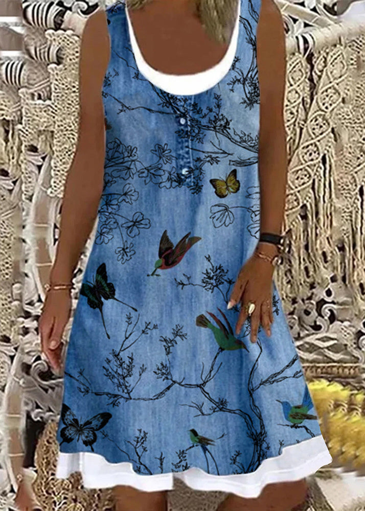 Italian Bird Print False Two Pieces Denim Mid Dress Sleeveless