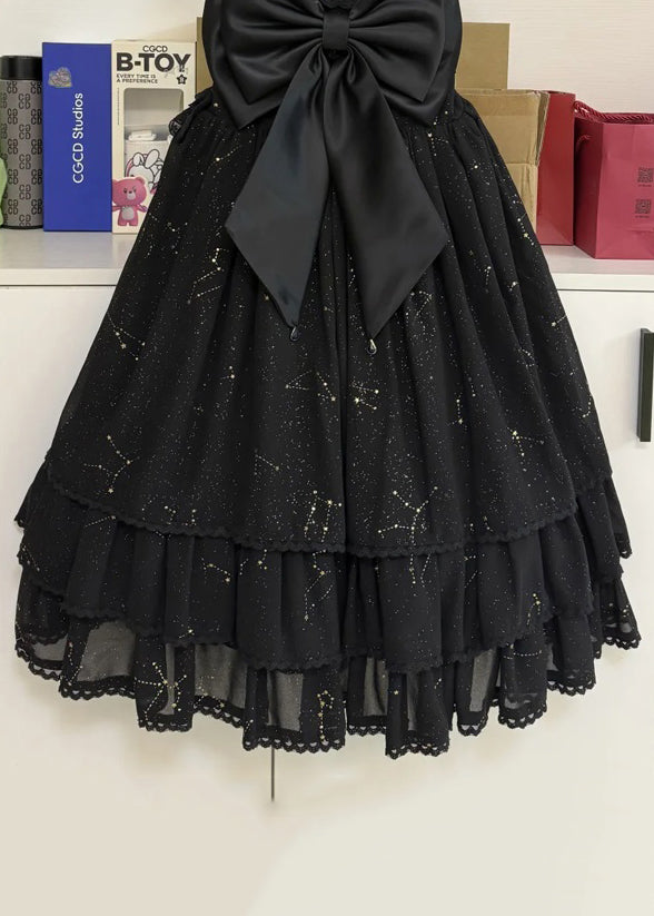 Italian Black Bow Lace Mid Dress Sleeveless