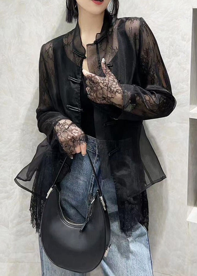 Italian Black Button Lace Patchwork Tulle Shirts Long Sleeve