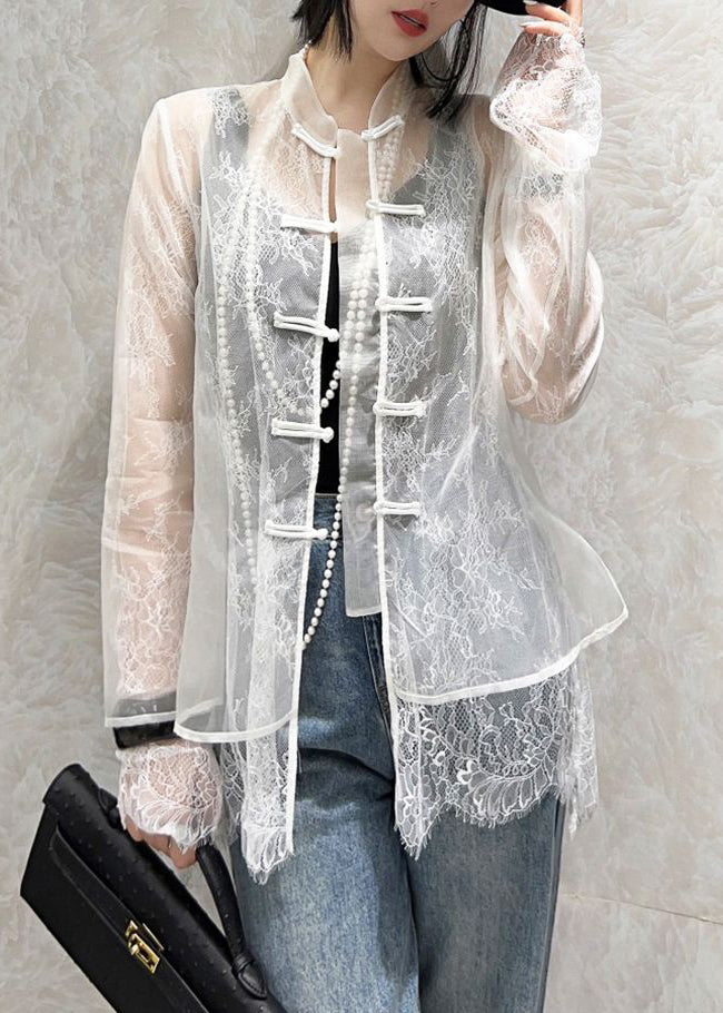 Italian Black Button Lace Patchwork Tulle Shirts Long Sleeve