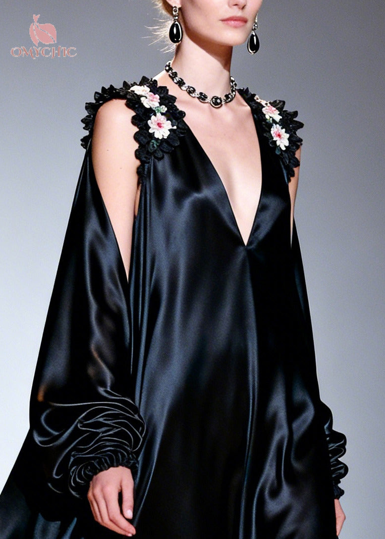Italian Black Cold Shoulder Floral Silk Party Dress Summer