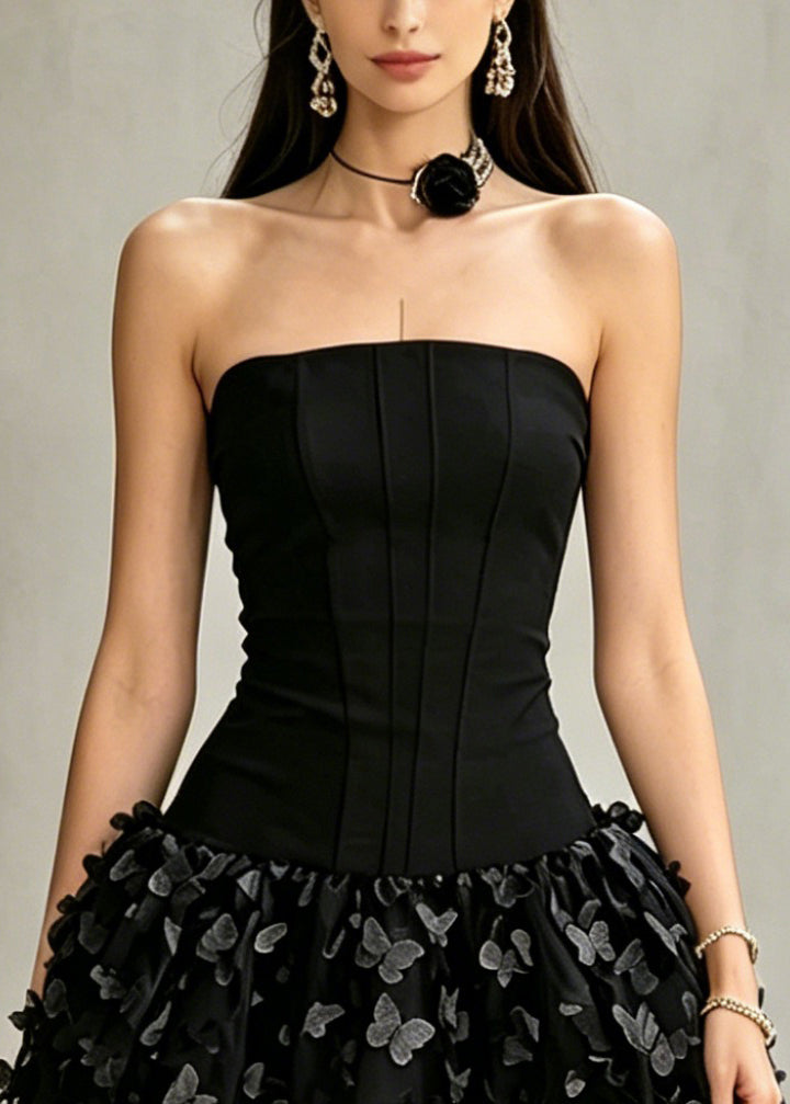 Italian Black Cold Shoulder Tulle Patchwork Mid Dress Sleeveless