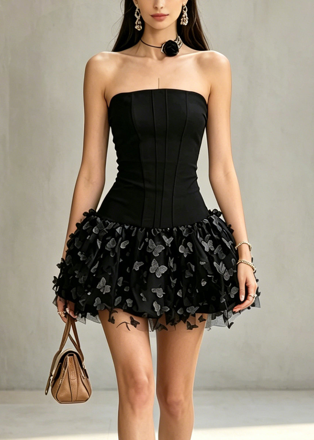 Italian Black Cold Shoulder Tulle Patchwork Mid Dress Sleeveless