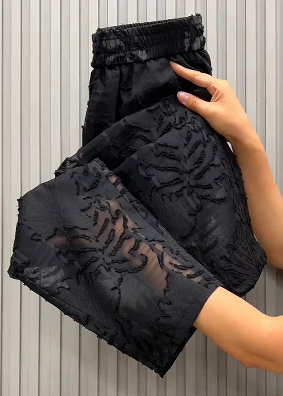 Italian Black Elastic Waist Jacquard Tulle Harem Pants Summer