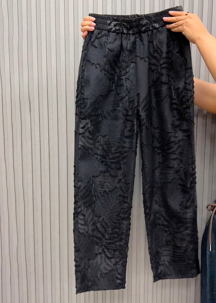 Italian Black Elastic Waist Jacquard Tulle Harem Pants Summer