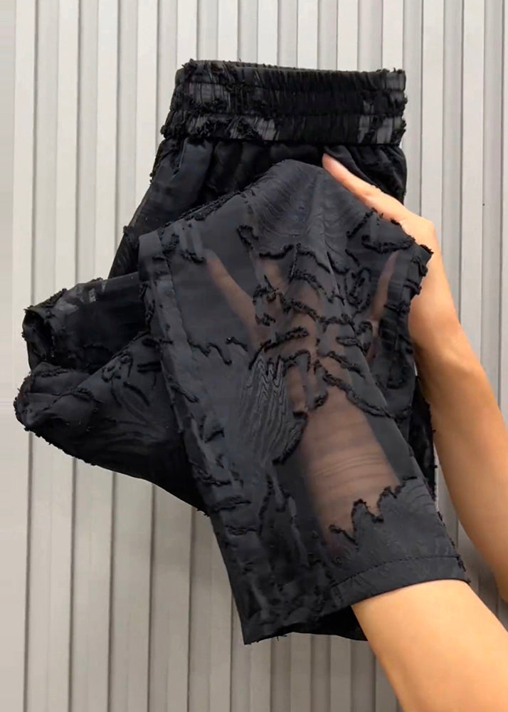Italian Black Elastic Waist Jacquard Tulle Harem Pants Summer