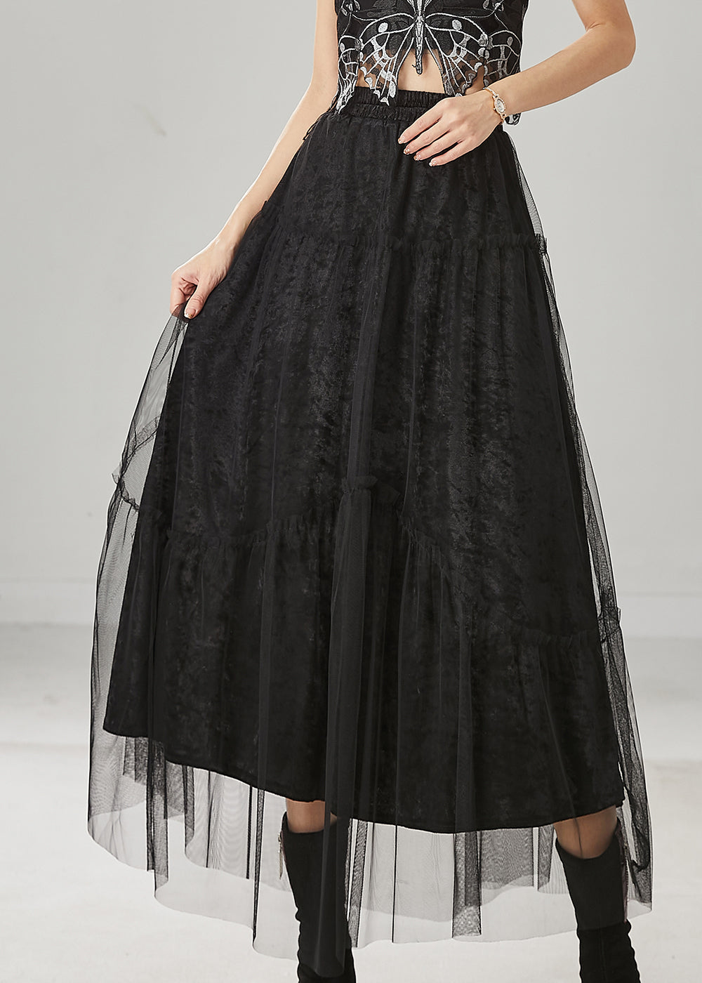 Italian Black Elastic Waist Tulle A Line Skirt Spring