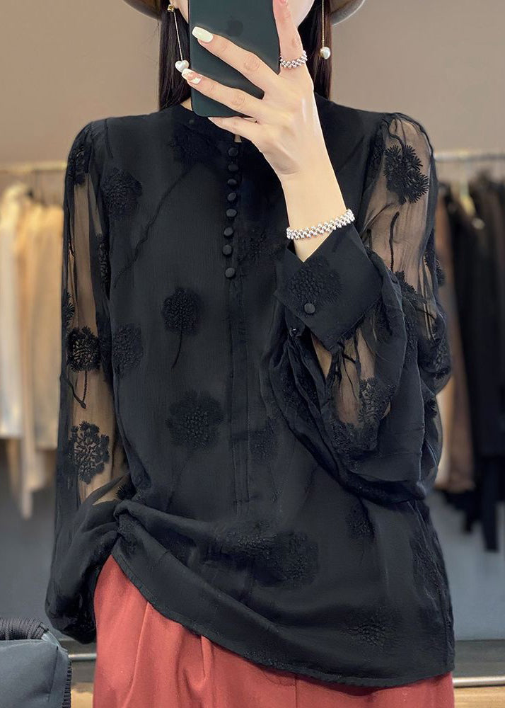 Italian Black Embroidered Button Chiffon Shirt Long Sleeve