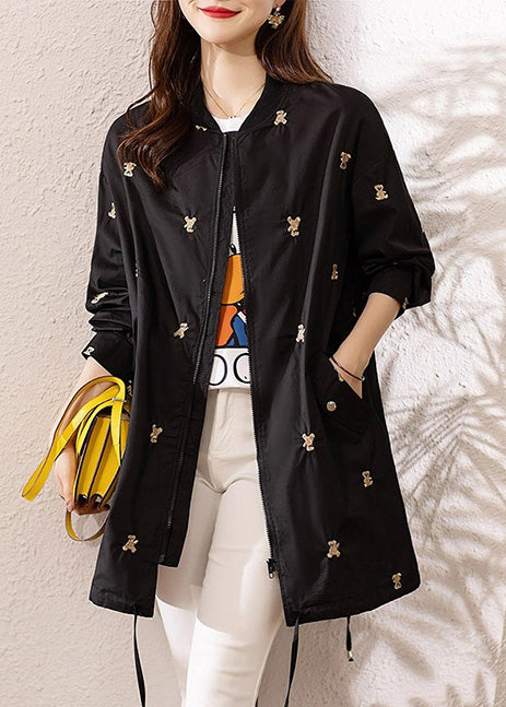 Italian Black Embroidered Drawstring Spandex Coats Fall