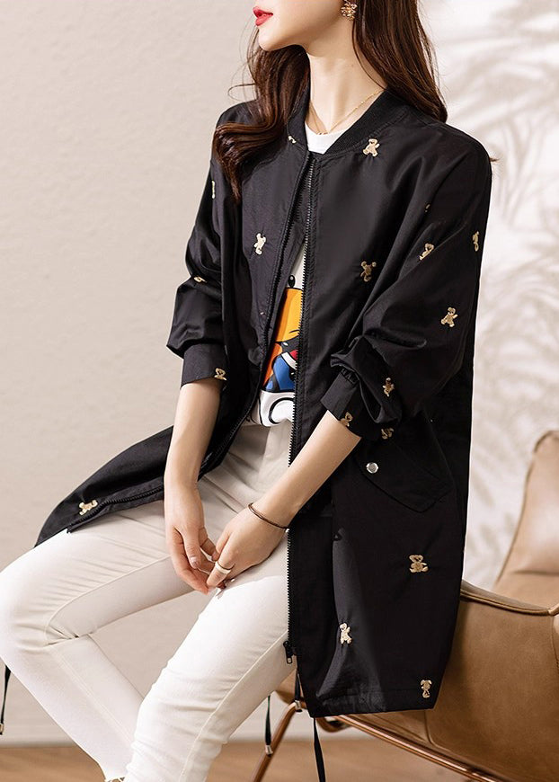 Italian Black Embroidered Drawstring Spandex Coats Fall