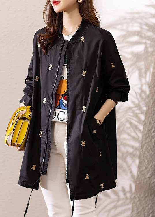 Italian Black Embroidered Drawstring Spandex Coats Fall
