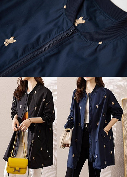 Italian Black Embroidered Drawstring Spandex Coats Fall