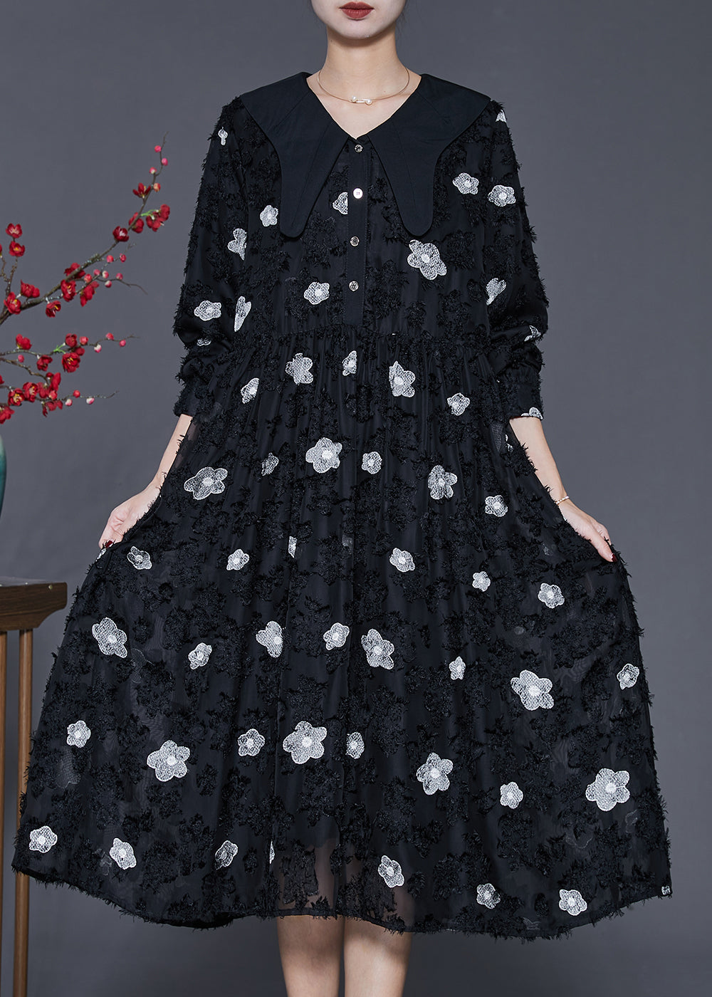 Italian Black Floral Exra Large Hem Long Dresses Spring