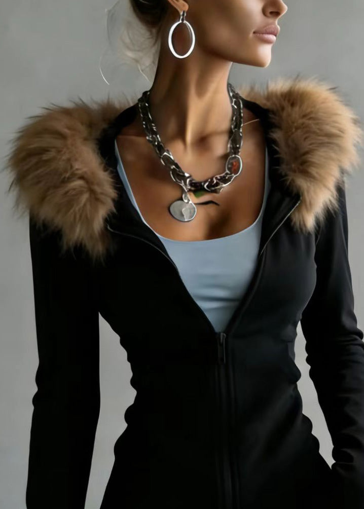 Italian Black Fur Collar Patchwork Cotton Hooded Coats Spring