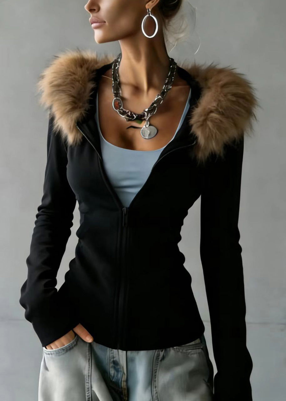 Italian Black Fur Collar Patchwork Cotton Hooded Coats Spring