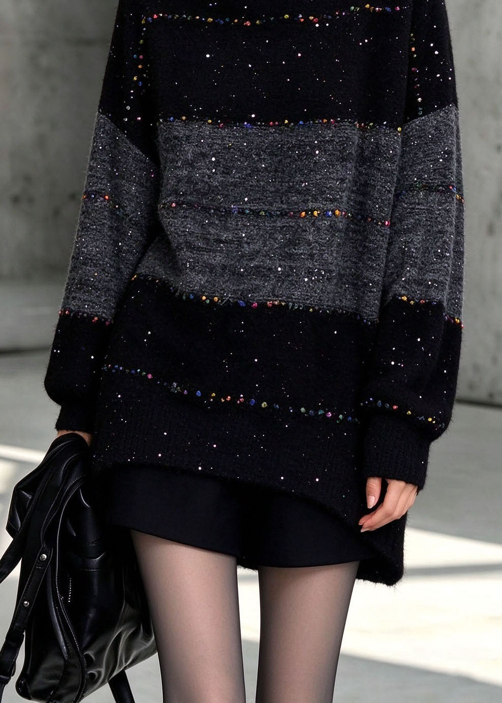 Italian Black Hign Neck Thick Patchwork Knit Sweaters Fall