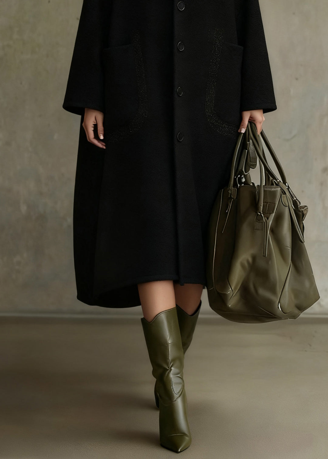 Italian Black Hooded Button Pockets Woolen Long Coat Spring