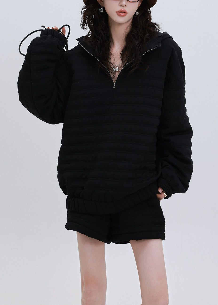 Italian Black Hooded Oversized Fine Cotton Filled Two Pieces Set Winter