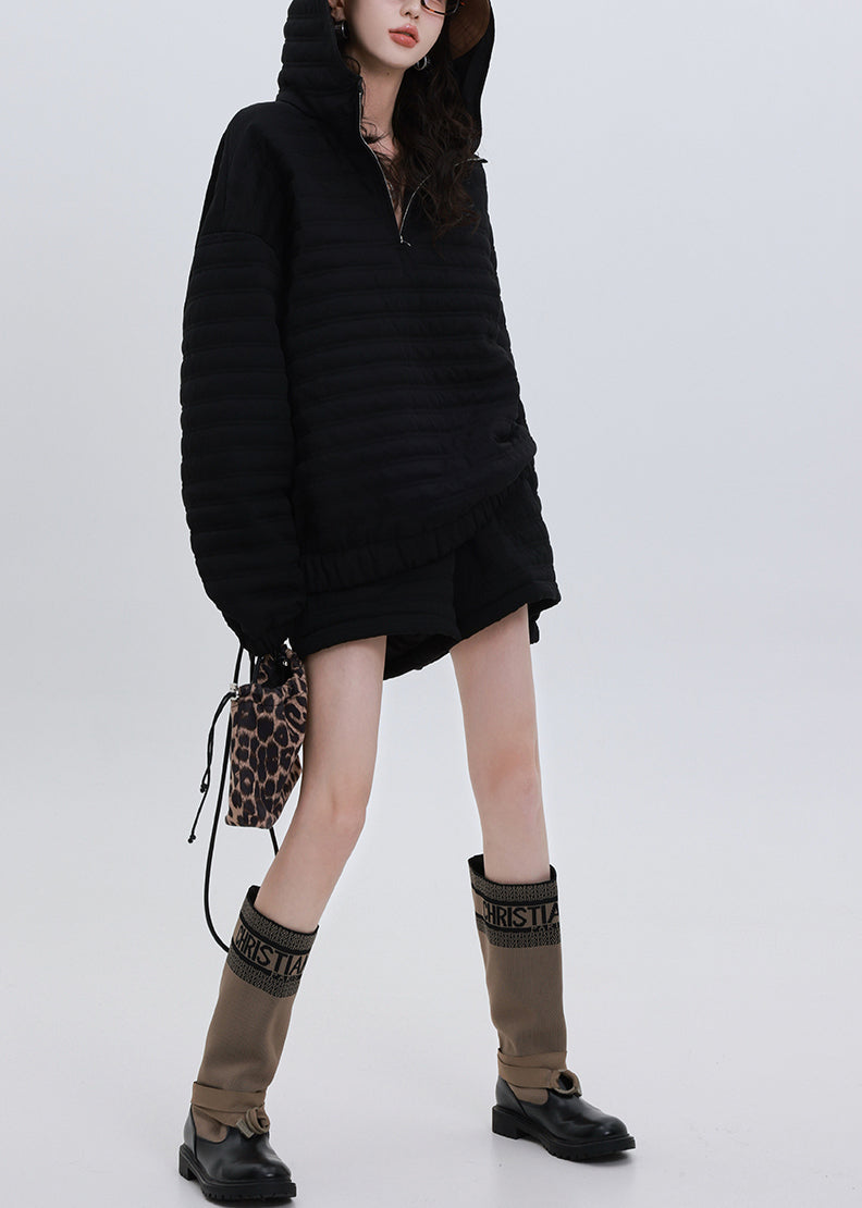 Italian Black Hooded Oversized Fine Cotton Filled Two Pieces Set Winter