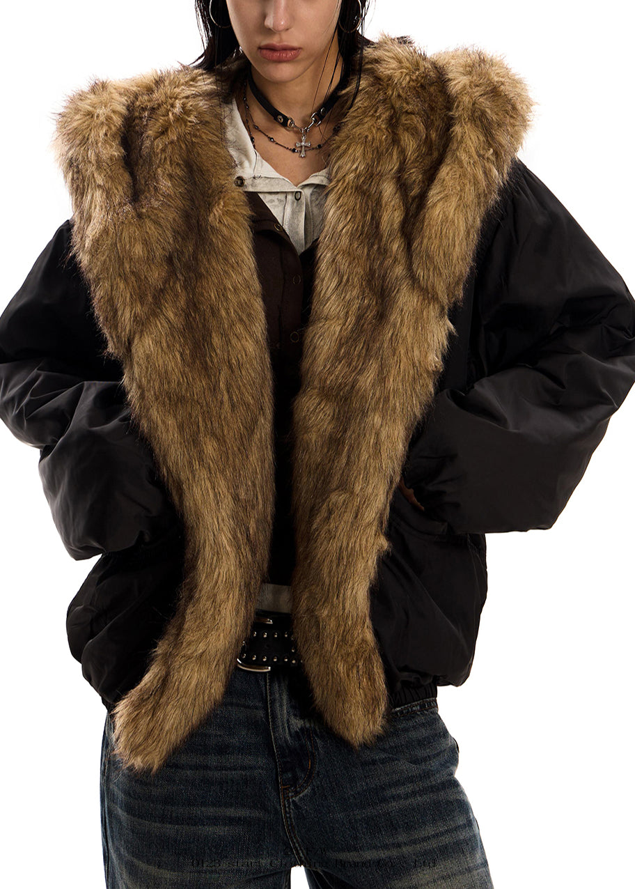 Italian Black Hooded Patchwork Faux Fur Cotton Filled Coat Winter