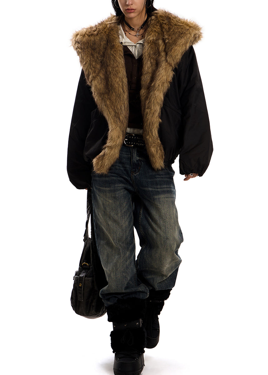 Italian Black Hooded Patchwork Faux Fur Cotton Filled Coat Winter