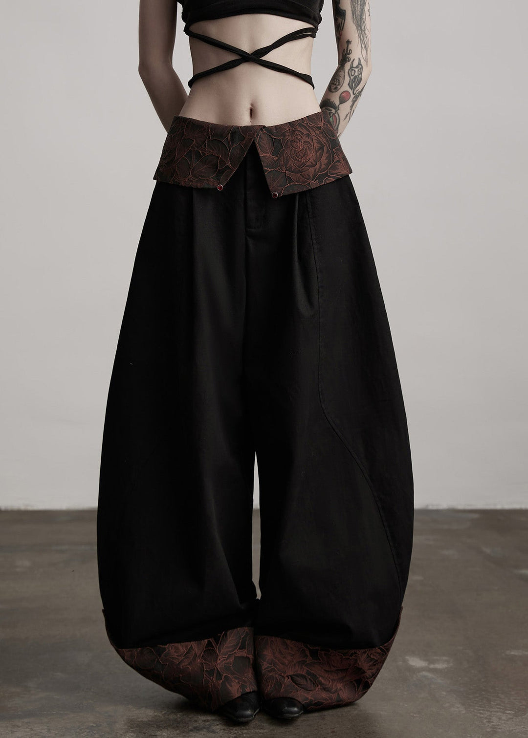 Italian Black Jacquard Patchwork Cotton Wide Leg Pants Fall