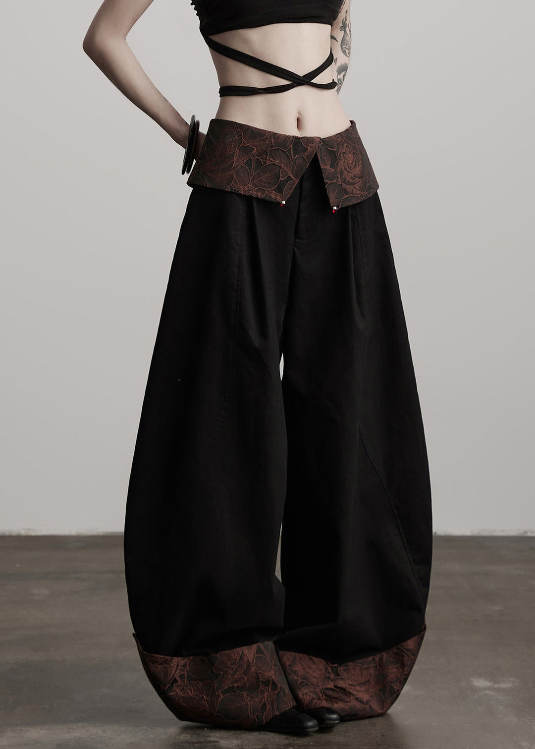 Italian Black Jacquard Patchwork Cotton Wide Leg Pants Fall