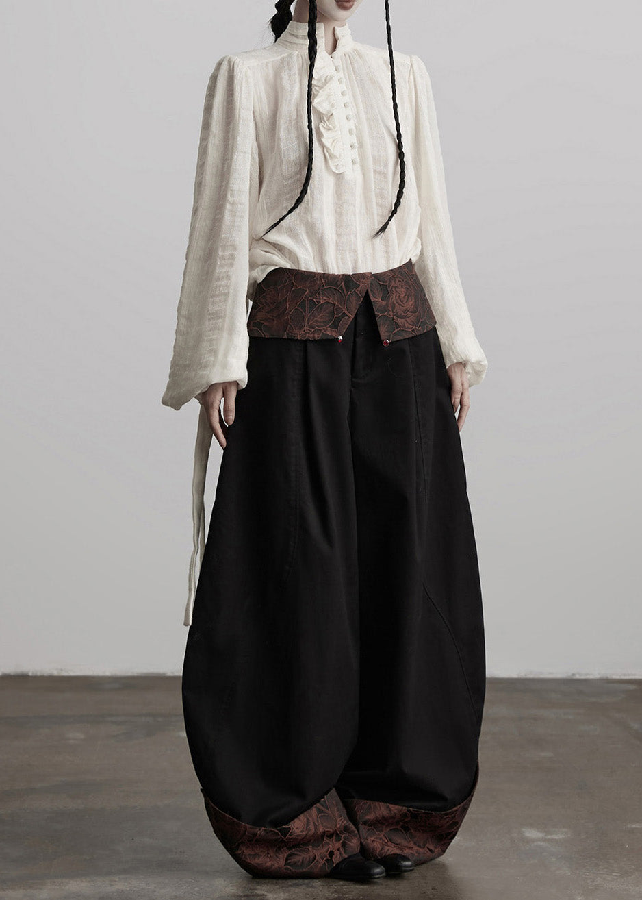 Italian Black Jacquard Patchwork Cotton Wide Leg Pants Fall