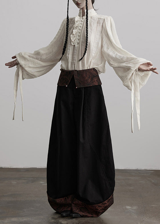 Italian Black Jacquard Patchwork Cotton Wide Leg Pants Fall