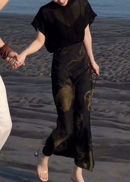 Italian Black Lace Up Tops And Print Skirts Chiffon Two Pieces Set Summer