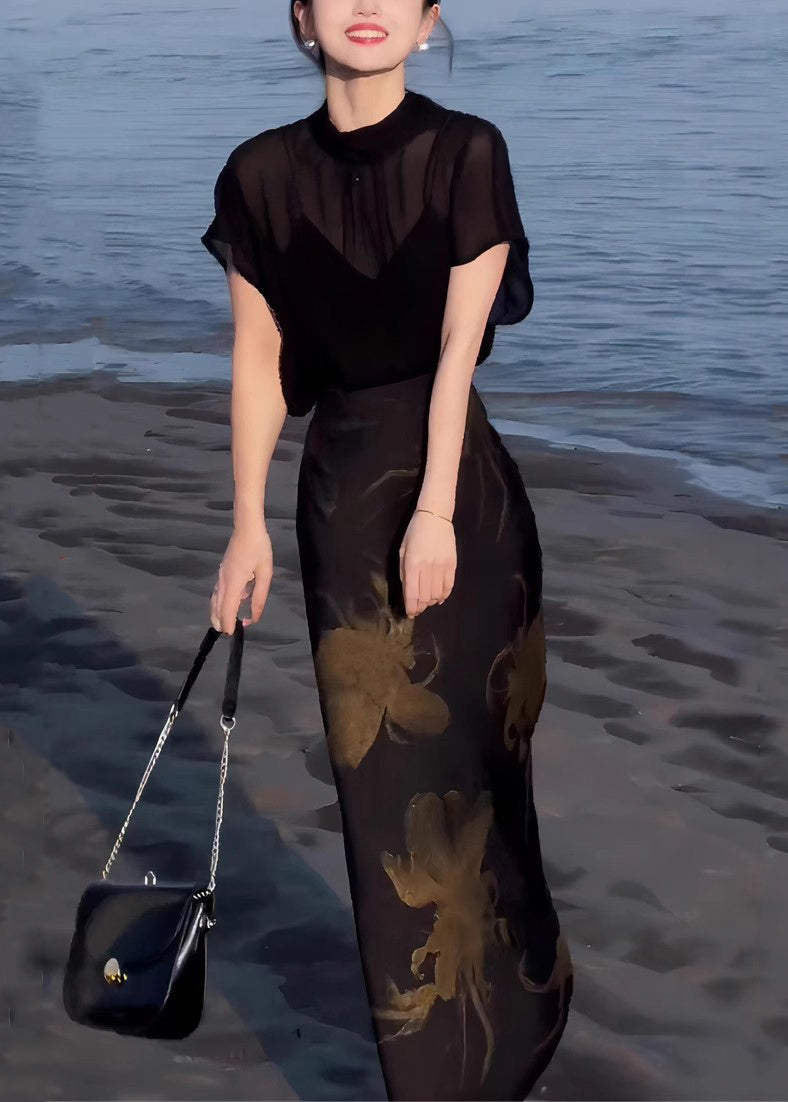 Italian Black Lace Up Tops And Print Skirts Chiffon Two Pieces Set Summer