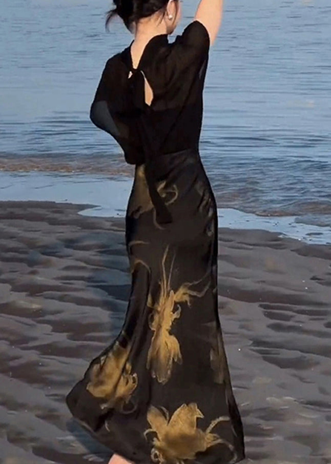 Italian Black Lace Up Tops And Print Skirts Chiffon Two Pieces Set Summer