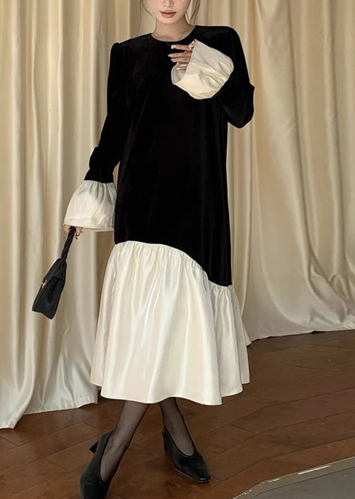 Italian Black O Neck Patchwork Silk Velvet Long Dress Flare Sleeve