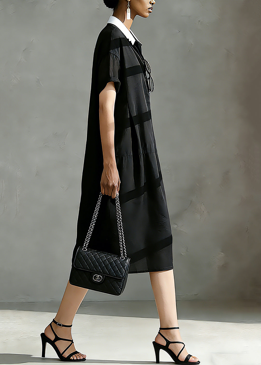 Italian Black Peter Pan Collar Patchwork Vacation Long Dresses Short Sleeve