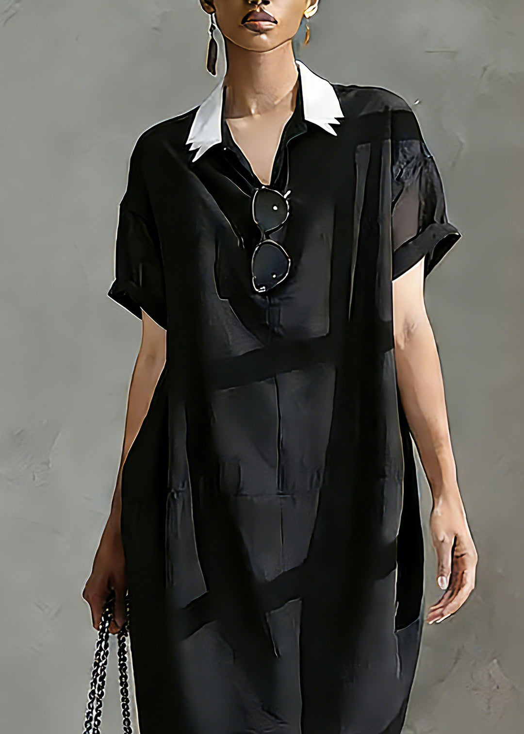 Italian Black Peter Pan Collar Patchwork Vacation Long Dresses Short Sleeve