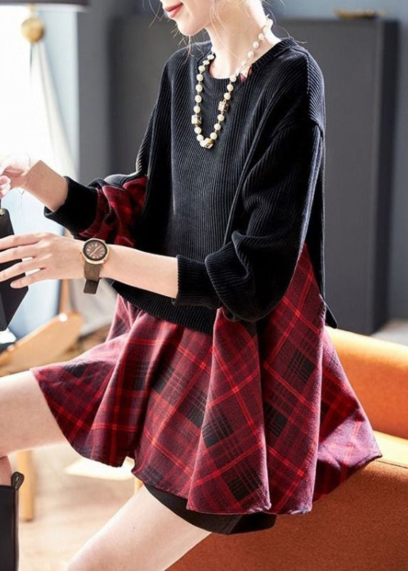 Italian Black Plaid Patchwork Fake Two Pieces Top Spring