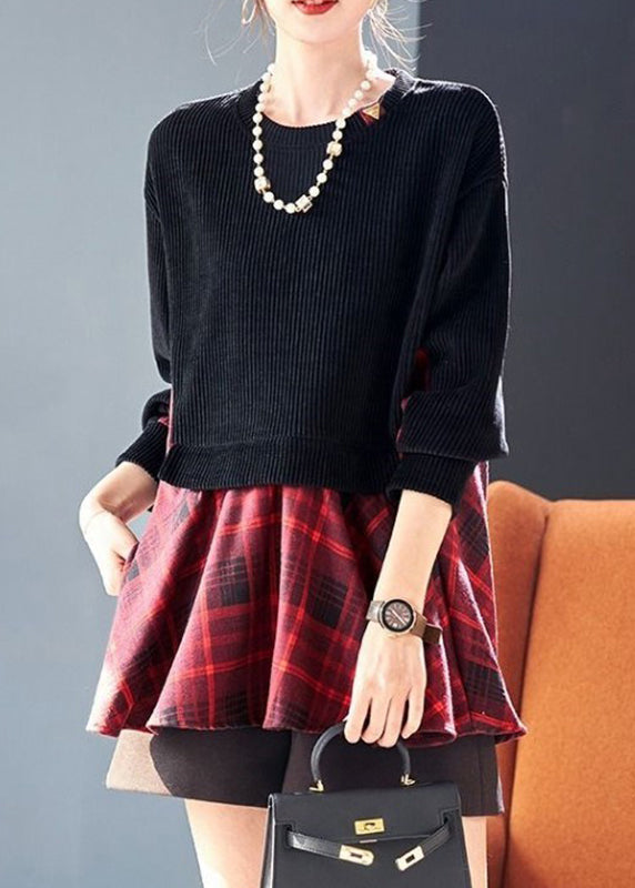 Italian Black Plaid Patchwork Fake Two Pieces Top Spring