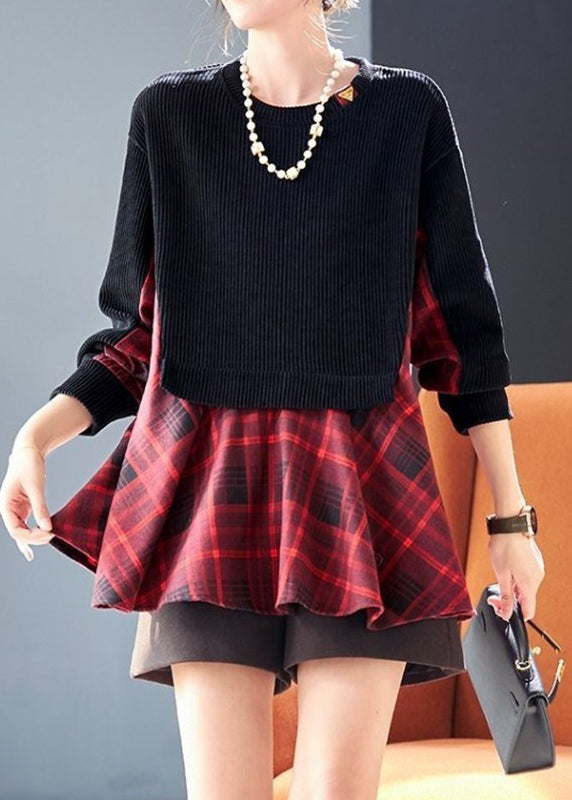 Italian Black Plaid Patchwork Fake Two Pieces Top Spring