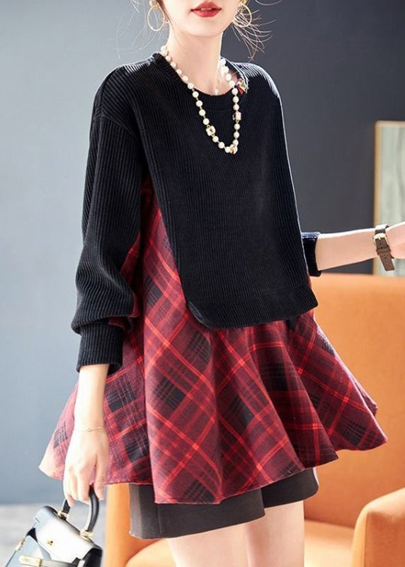 Italian Black Plaid Patchwork Fake Two Pieces Top Spring