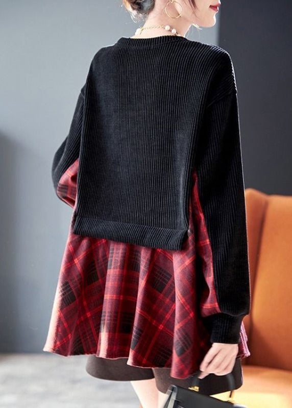 Italian Black Plaid Patchwork Fake Two Pieces Top Spring