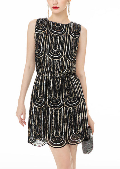 Italian Black Print Chiffon Day Dress Sleeveless