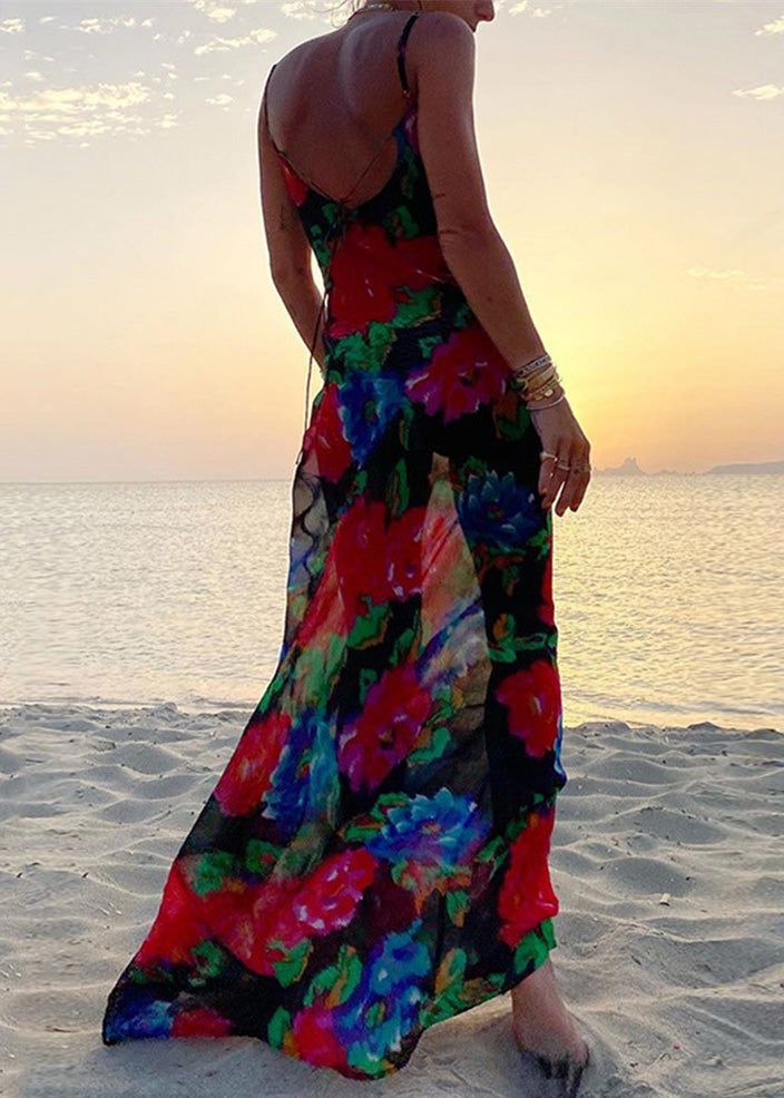 Italian Black Print Chiffon Spaghetti Strap Dress Summer