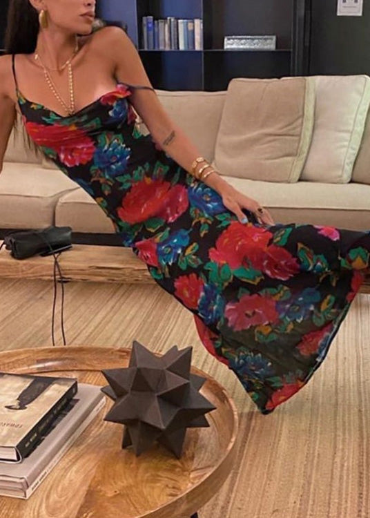Italian Black Print Chiffon Spaghetti Strap Dress Summer