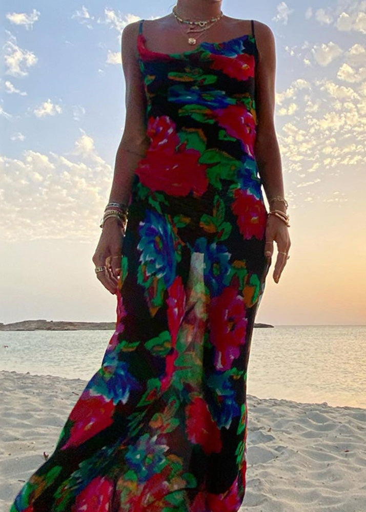 Italian Black Print Chiffon Spaghetti Strap Dress Summer