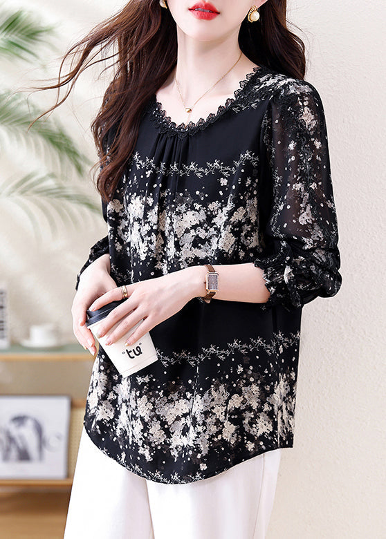 Italian Black Print Draping Chiffon Tops Fall